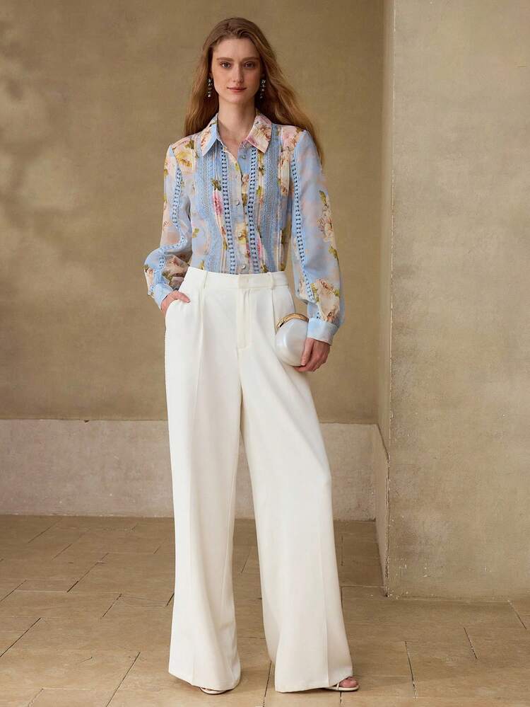 WOMEN'S FLORAL PRINT CONTRAST LACE CASUAL BLOUSE, SPRING/SUMMER