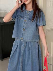 Hapijoa Bộ áo tay phồng cài cúc và chân váy denim cho bé gái tuổi teen - Màu xanh lam - Xem 5