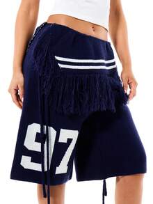 SUMWON WOMEN Navy Knitted Fringe Detail Longline Shorts With White Stripe Waistband And Varsity Number Print - Blue - View 5