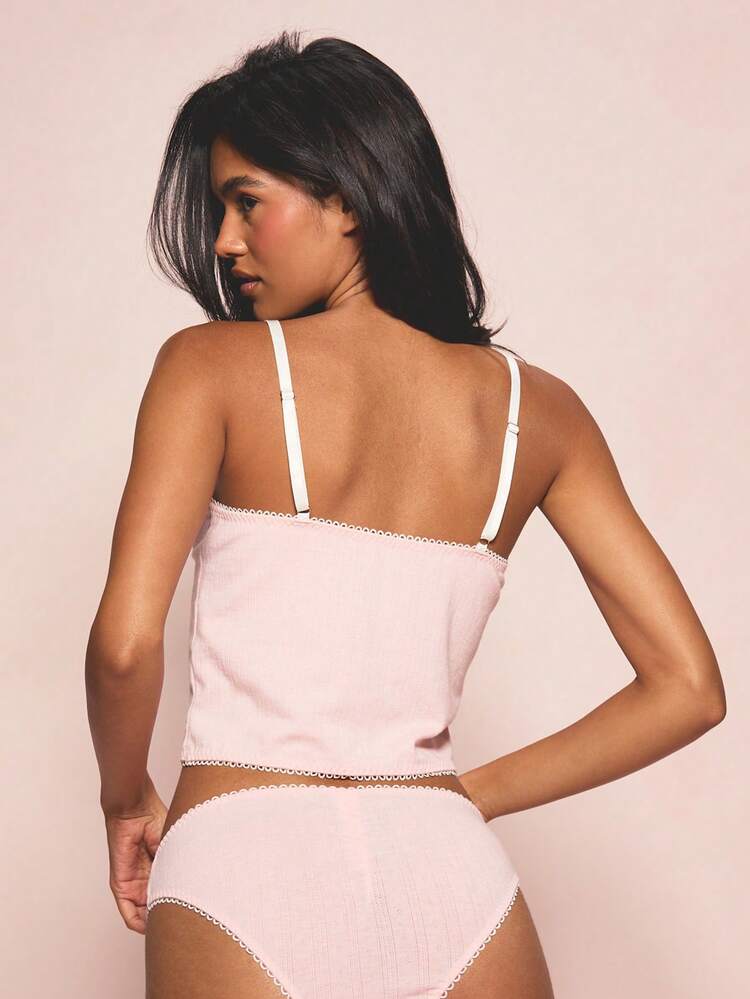 MISSGUIDED Women's Pointelle Knit Vest Top And Ruched Panty Set With Scalloped Trim Bow Detail Two Piece Lingerie Sleepwear Loungewear