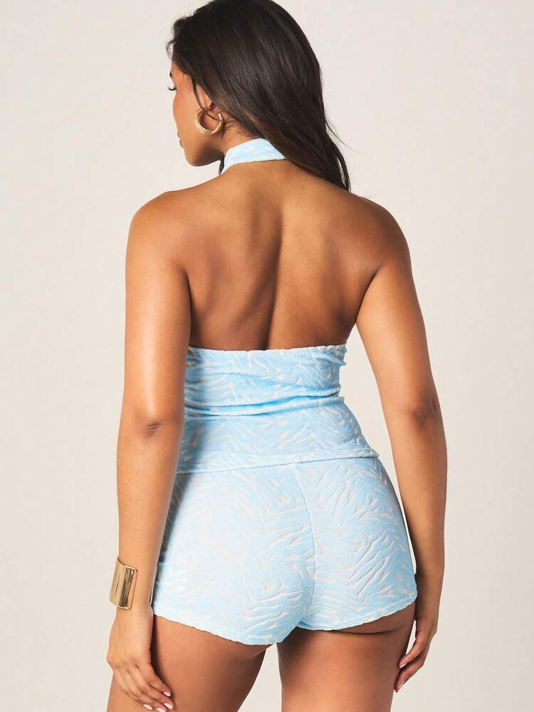 MISSGUIDED Set di top corto e pantaloncini da donna con collo ad aletta, dettagli con anello dorato, in tessuto strutturato di colore azzurro chiaro, outfit estivo a due pezzi