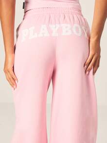 Missguided x Playboy Women's Pink Wide Leg Joggers With Drawstring Waist And Brand Logo Text For Casual Lounge Wear - Pink - View 4
