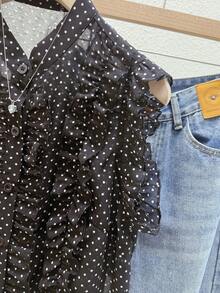 Franclia Women's Black Polka Dot Chiffon Blouse, Elegant Romantic Ruffle Hem - Black - View 5