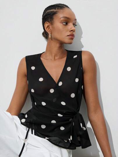 Maija Women's Casual Polka Dot Print Tie-Front Blouse, Summer, Summer Tops, Summer Outfits, Summer Outfit For Women, Spring Clothing, Party Top, Beach Outfits For Women , Beach Outfit , Graduation Outfit For Mother, Vacation, Summer Holiday Outfits, Modern Urban Style, Polka Dot Sleeveless Top For Women With Tie-Up Design, V-Neck Shirt, Black Shirt