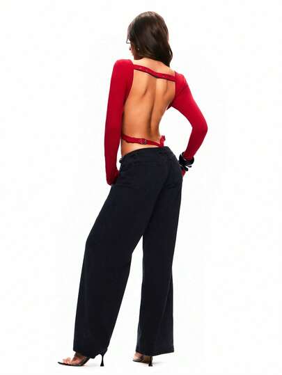 TypaGal Damen einfarbiger Rundhals Langarm Bodysuit mit Cut-Out-Muster, modisch