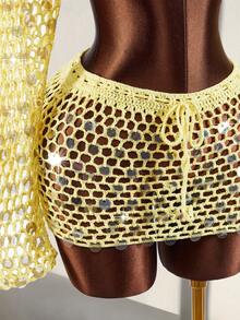 Amplova Bộ 2 áo khoác ngắn đính sequin dành cho nữ, kiểu dáng gợi cảm, phá cách, đa năng, phù hợp cho kỳ nghỉ, lễ hội âm nhạc và trang phục bikini. - Màu vàng - Xem 8