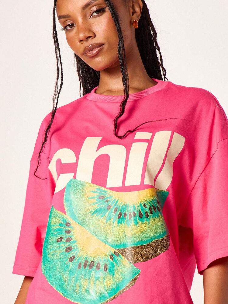 MISSGUIDED Women's Oversized Pink Short Sleeve Crew Neck Chill Kiwi Graphic Print T-Shirt Casual Summer Streetwear Tee