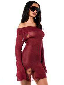 SUMWON WOMEN 酒红色露肩钩针编织迷你毛衣连衣裙，长袖，做旧下摆，适合秋冬季休闲场合 - 紅色 - 查看 5