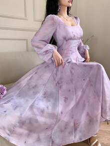 DAZY Women's Elegant Floral Print Square Collar Petal Sleeve Mid-Length Dress, Spring/Summer,Wedding Guest Dress Women - Mauve Purple - View 8