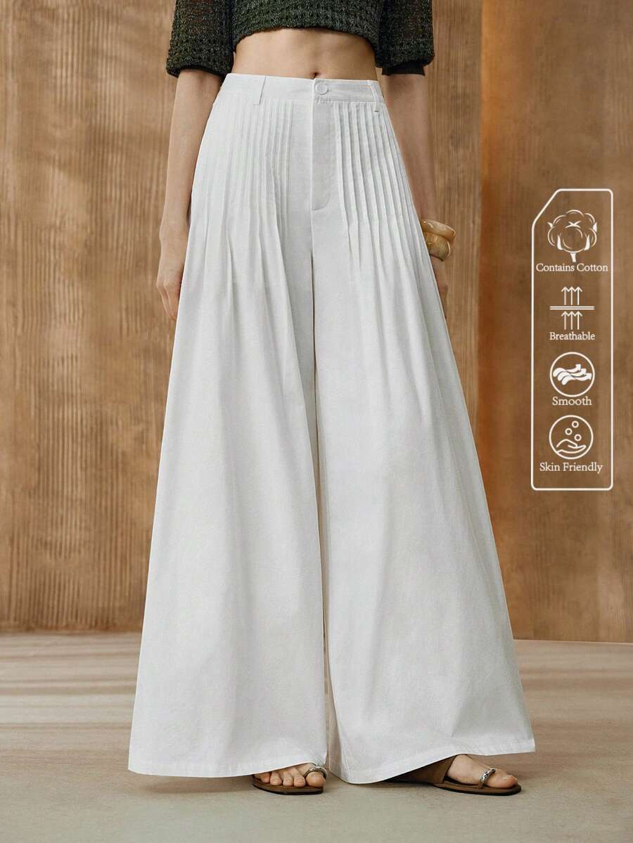 Arave Women's Woven Pure Cotton Fabric Regular Waist Wide Leg Striped Design Casual Pants - White - View 1