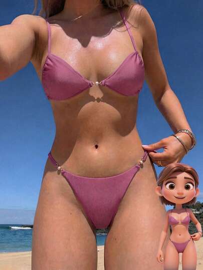 Swim Vcay 2026 Spring/Summer Purple Shiny Pearl Decor Adjustable Side-Cut Sexy Bikini Set, Suitable For Beach & Sunlight Photo Shooting