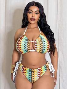 Slaydiva Bikini Seksi untuk Pantai dan Resor, 2 Potong, Warna Polos, Model Halter Tie untuk Wanita Ukuran Plus - MultiWarna - View 5