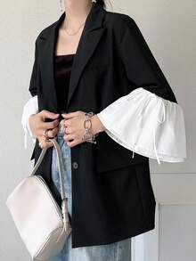 FRIFUL Áo khoác blazer nữ phối màu tương phản, dáng rộng, thoải mái, cổ tay buộc nơ, thích hợp cho mùa xuân/hè. - màu đen - Xem 5