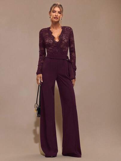 SHEIN BAE Black Lace Long Sleeve Deep V-Neck Jumpsuit, Elegant Women's Undergarment, Suitable For Daily Dates, Going Out, Parties, Asymmetric Wide Leg Design, Graceful Jumpsuit For Autumn/Winter