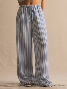 MUSERA Stripe Drawstring Wide Leg Co-Ord Trousers Only Spring Summer Cosy Cute Daily Girly Vacation Sunlight Social - Blue and White - View 1