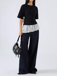 LYSMO 2026新款极简主义春夏女装优雅白色蕾丝拼接不对称下摆修身T恤，黑色荷叶边衬衫，黑色褶皱衬衫，荷叶边衬衫，端庄女式上衣 - 黑與白 - 查看 5