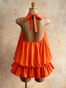 Mistrie 女士纯色露背镂空优雅无袖连衣裙 - 橘色 - 查看 2