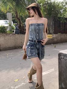 DAZY Women's Washed Denim Jumpsuit, Casual Street Music Festival Tube Top Overalls - Medium Wash - View 5