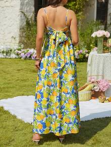 SHEIN Fashionable Lemon Print Backless Bow Tie Strap Dress - Multicolor - View 2