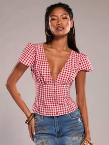 SHEIN BAE 樱桃红格子V领短袖衬衫，乡村甜美风，休闲衬衫，可爱衬衫，通勤休闲衬衫，伊比沙岛风，夏季衬衫，乡村女孩，音乐节 - 紅色 - 查看 6