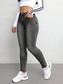 SHEIN Tall CURVE 大码女式蓝色弹力紧身牛仔裤，带口袋 - 黑色 - 查看 7