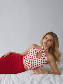 HautHeat Women's Polka Dot Print Hollow Out Halter Neck Sleepwear Top - Red - View 7