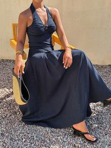 DAZY Women's Elegant Sexy Navy Blue And White V-Neck Bow Tie Camisole And A-Line Skirt 2-Piece Set, Summer Lounge Vacation - Navy Blue - View 4
