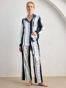 Ocili Conjunto de pijama de mujer de manga larga y pantalones holgados de satén sedoso con rayas degradadas - Azul y blanco - Ver 4