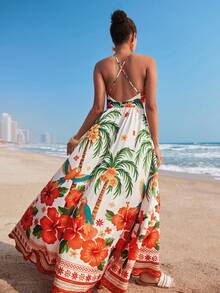 Travachic Women's Tropical Print Maxi Deep V Neck Dress, Vacation,Women's Dresses, Tropical Vacation, Bohemian Outfits, Ibiza Outfits, Western Style - Multicolor - View 2