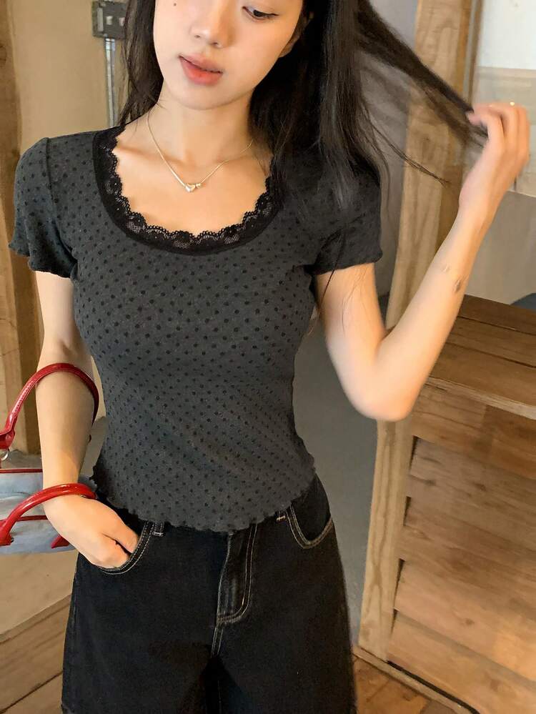 Women's Casual Polka Dot & Lace Trim T-Shirt, Summer