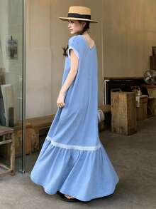 DAZY Đầm denim dài cổ chữ V phối ren dành cho nữ, thích hợp cho kỳ nghỉ. - Rửa trung bình - Xem 4