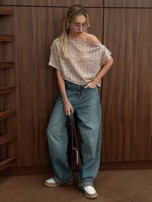 DAZY 闪亮情人节、婚礼、宴会、舞会礼服、时尚派对，优雅宽松露肩短款T恤，春夏款 - 卡其色 - 查看 6