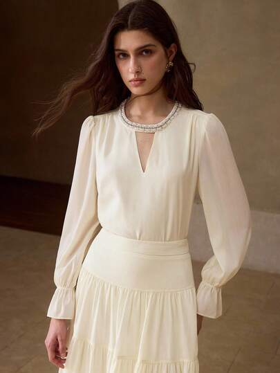 MOTF PREMIUM Chemisier élégant à col en V et manches en pétale pour femmes