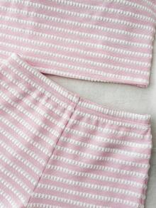 SHEIN Tween Girls' Summer Casual Asymmetric Textured Striped Off-Shoulder T-Shirt And Shorts 2-Piece Set - Pink - View 5