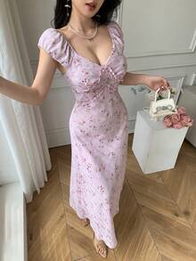 K-Vae V-Neck Ditsy Floral Waist Cinching Summer Maxi Dress - Pink - View 6