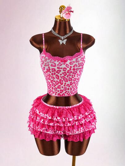 Amplova Y2K Colorful Leopard Print Contrast Lace Sexy Cute Women's Set