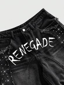 ROMWE MEN Street Life Pantalones cortos de mezclilla sueltos con diamantes brillantes para hombres - Negro - Ver 4