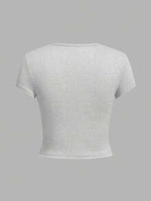 SHEIN Girlism Áo thun dệt kim dáng ôm, cổ tròn, tay ngắn cho nữ tuổi teen, nhiều màu - Nhiều màu - Xem 8