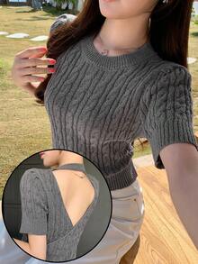 DAZY 女士圆领露背镂空扭结装饰纯色针织上衣 夏季 - 灰色 - 查看 1