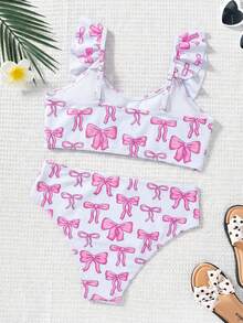 SHEIN 少女蝴蝶结印花可爱时尚泳装套装，适合海滩和泳池穿着 - 粉色 - 查看 2