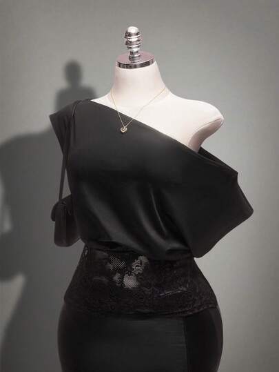 SHEIN ICON Women's Plus Size Retro Sexy Simple Elegant Urban Modern Fashion Individual Commuter Millennial Style Y2K Off-Shoulder Lace Patchwork Black Top