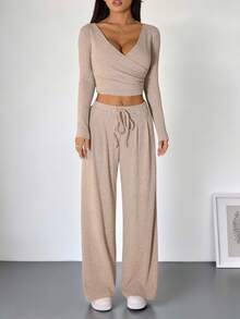 SHEIN PETITE Women's Light Beige Casual Ribbed Long Sleeve T-Shirt And Pants Two Pieces Comfy Lounge Set For Autumn , Petite Women - Khaki - View 2