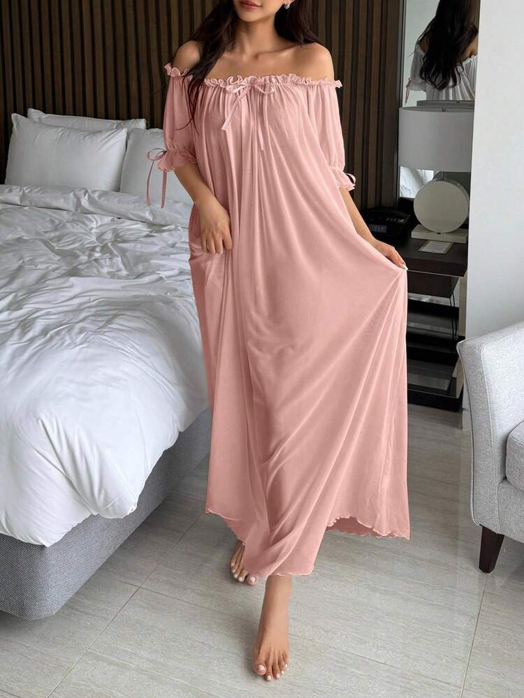Charming Sheer Mesh Off Shoulder Ruffle Hem Dress, Sexy Nightgown For Women, Suitable For Spring And Summer