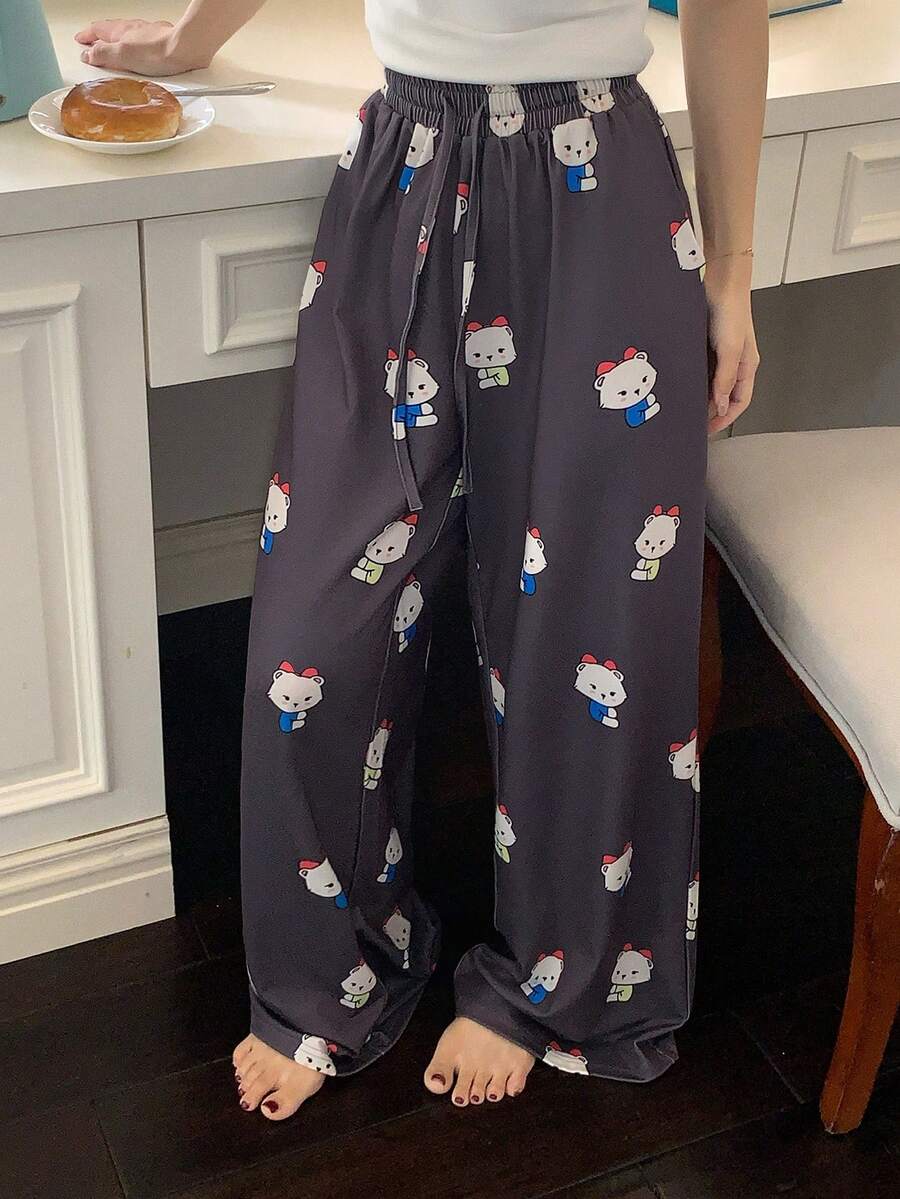 DAZY Cartoon Bear All-Over Print Loose Women's Pajama Bottoms - Black - View 1