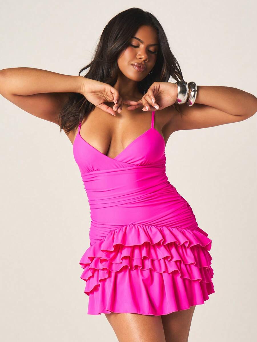MISSGUIDED Hot Pink Tiered Ruffle Mini Dress With Sweetheart Neckline And Spaghetti Straps For Summer Party Cocktail Evening Occasions - Purple - View 1