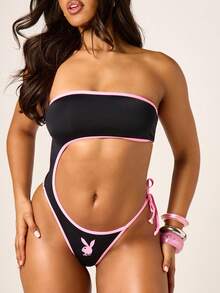 Missguided x Playboy 粉色滚边细节高腰露肩连体泳衣 - 黑色 - 查看 4