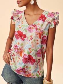 Travachic Blusa casual con cuello en V, volantes y estampado floral romántico, ideal para primavera, verano, vacaciones, elegante para fiestas, eventos de lujo como bodas, graduaciones, ceremonias, damas de honor, vacaciones en la playa - Multicolor - Ver 5