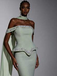 Elitara 优雅奢华的露肩美人鱼礼服，饰有大量串珠和水钻，配有缎带，适合婚礼、活动、派对、度假、晚宴和正式场合。 - 草綠色 - 查看 1