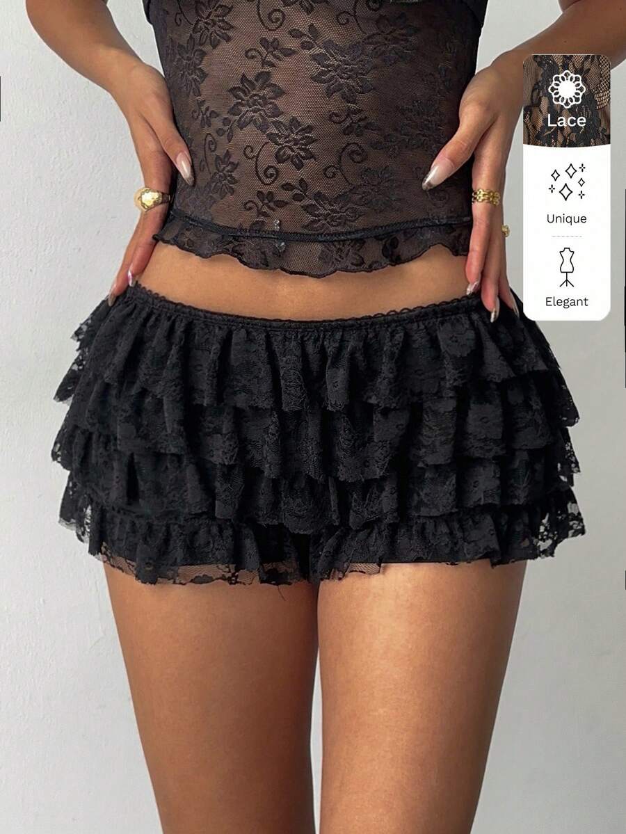 Aloruh 女士性感朋克摇滚波西米亚音乐节 Y2K 黑色蕾丝分层荷叶边超短裤，新款蕾丝超低腰短裤