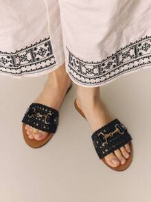 Styleloop Stylish Woven Sandals With Flat Bottom, Comfortable Muller Sandals, Holiday Style Sandals, Flat Sandals, Beach Sandals - Black - View 1